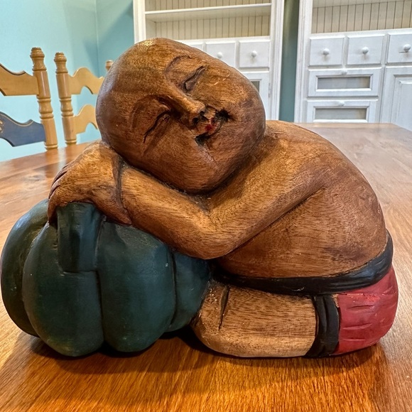 Vintage Hand Carved Hand Painted Wooden Resting Buddha - Picture 1 of 6